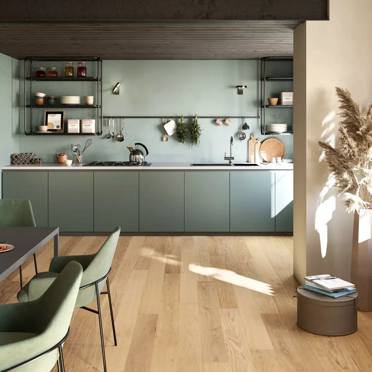 cucina con pavimento in Parquet