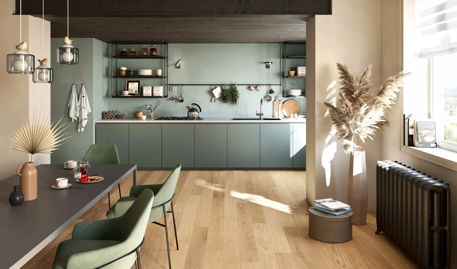 cucina con pavimento in Parquet